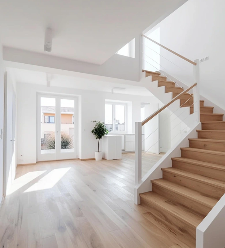 salón luminoso con escaleras de madera